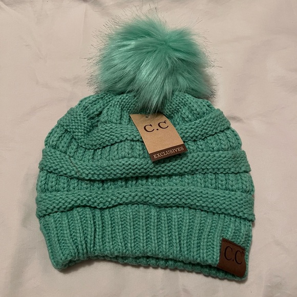 Accessories - New! C.C Beanie Thick Cable Knit Faux Fur Pom Pom Mint Hat